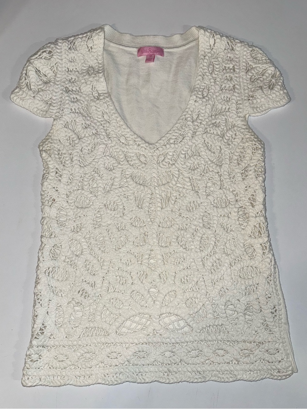 Lilly Pulitzer Off White Crochet Cotton V-Neck Short Sleeve Top size XS
